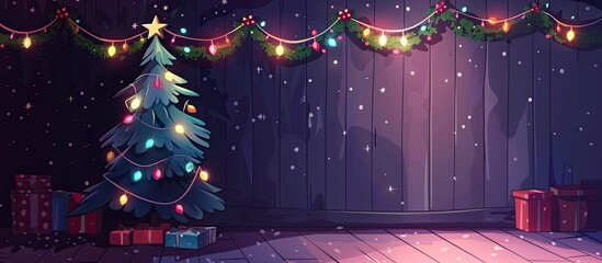 Sticker - A festive Christmas tree adorned with colorful Christmas ornaments stands in the center of the room, illuminating the space with shimmering lights in shades of violet, magenta, and electric blue