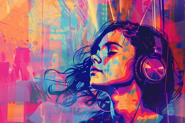 Wall Mural - Drawing of a girl listening to music, an artistic portrayal of a young woman feeling the rhythm through her headphones