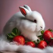 A fluffy bunny with soft fur, nibbling on a strawberry with delight1