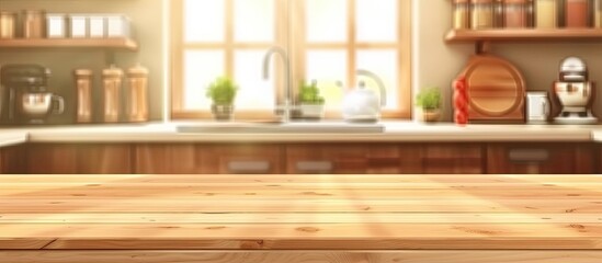 Wall Mural - A wooden table sits in front of a kitchen window, complemented by cabinetry and wooden flooring. The interior design features a rectangular shape with wood stain accents