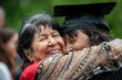 portrait of a graduate wearing a graduation cap. congratulation. hugs from relatives. Master's degree. Bachelor. Graduation.