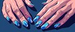 Closeup of a womans hands with azure nails forming a heart shape gesture. The cool blue tones highlight the intricate details of her manicured nails