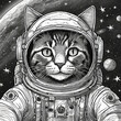 Cat in outer space wearing an astronaut gear, suit and helmet, black and white drawing.