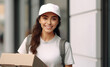 food delivery as a pizza delivery woman, dressed in a white shirt and uniform, holds a stack of pizza boxes, ready to fulfill orders right at your doorstep.
