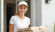 food delivery as a pizza delivery woman, dressed in a white shirt and uniform, holds a stack of pizza boxes, ready to fulfill orders right at your doorstep.