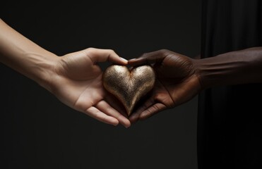 Hands of white and black people making a heart shape isolated on a pastel pink background shot in a studio for the concept of love and sharing. Generative AI.