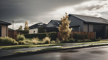 Suburban Street With Modern Houses Under A Dramatic Stormy Sky.