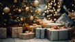 Elegantly wrapped gifts under a beautifully decorated Christmas tree with twinkling lights.
