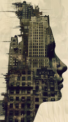 Wall Mural - human face shaped by buildings, vintage, creative