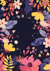 Poster - flower frame on purple background vector illustration, in the style of folk art-inspired illustrations