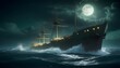 Photo with a more photorealistic depiction of the Bermuda Triangle under a dark, moonlit sky. The scene is intensely vivid, with enhanced realism in the textures and lighting. Eerie green hues dominat