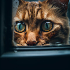 Wall Mural - A close-up of a cats eyes peering through a window