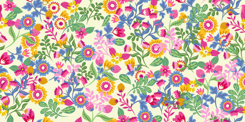 Aufkleber - Floral pattern from various plants and flower buds. Multi-colored bright pattern in vector.
