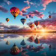 A group of colorful hot air balloons against a sunset