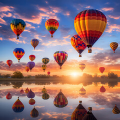 Poster - A group of colorful hot air balloons against a sunset