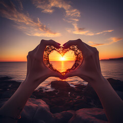 Poster - A pair of hands forming a heart shape with the sunset