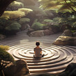 A person practicing mindfulness in a zen garden. 