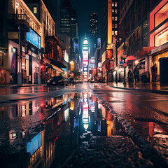 Poster - A reflection of city lights on a rain-soaked street