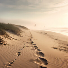 Wall Mural - A trail of footprints in the sand leading into a festering mist