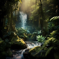 Canvas Print - A waterfall in a lush tropical rainforest. 