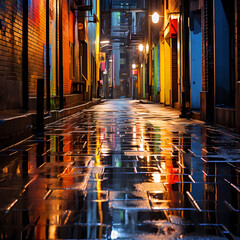 Wall Mural - Abstract reflections in a rain-soaked alley.