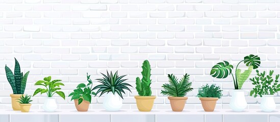 Poster - A row of houseplants in flowerpots sit on a wooden shelf against a white brick wall, adding a touch of greenery to the room