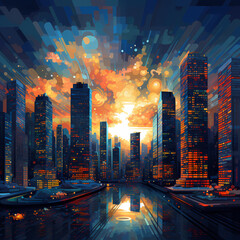 Poster - Digital cityscape with pixelated buildings.