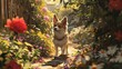 Small Fluffy Dog with White and Brown Patches Standing on a Blossoming Garden Pathway Illuminated by Golden Sunlight