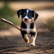 A playful puppy with a wagging tail, carrying a stick bigger than itself1