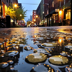 Sticker - Raindrops falling on a city sidewalk. 