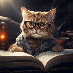 Wall Mural - A cat wearing glasses reading a book. 