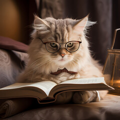 Wall Mural - A cat wearing glasses reading a book. 