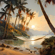 A serene beach scene with a hammock and palm trees