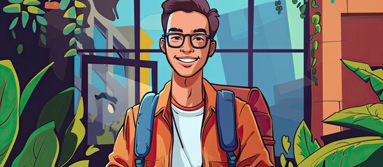 Poster - A man sporting eyewear and a backpack stands in front of a building, his face adorned with a smile. The electric blue sleeve of his backpack adds a pop of color to the scene