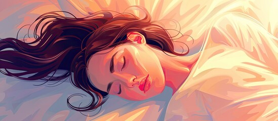 Wall Mural - A woman with her eyes closed sleeps peacefully in bed, her nose, face, head, mouth, eyelashes, and jaw all relaxed. Her ear is visible as she slumbers, a subtle smile on her face showing contentment