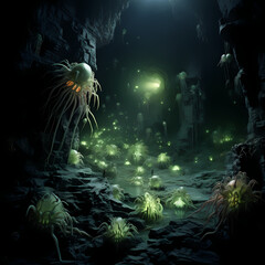 Canvas Print - Alien creatures in a phosphorescent cave.