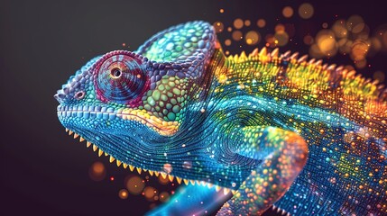 Wall Mural - digital chameleon in neon colors. big data visualization. information aesthetic design. animal learn