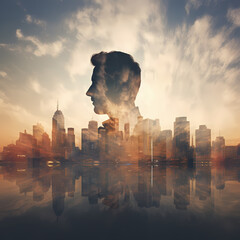 Poster - Double exposure of a city skyline and a persons sillhouette