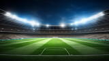 Fototapeta Sport - Illuminated Soccer Field in Stadium with Blue Twilight Sky