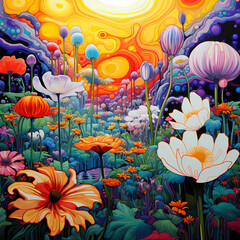 Wall Mural - Psychedelic garden with oversized flowers.