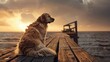 A loyal Golden Retriever waits patiently at the end of a windswept pier, gazing out over the ocean at sunset, symbolizing unwavering faithfulness and the bond between human and pet hyper realistic