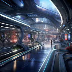 Sticker - Sci-fi subway station with high-speed trains.