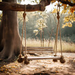 Wooden swing hanging from a sturdy tree branch.