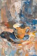 cup coffee saucer table orange blue princess lacking three dimensionality thick heavy impasto haphazardly layered scenes portrait cream colored room