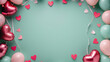 border frame of pink and green balloons with hearts celebration with solid green background space in the center 