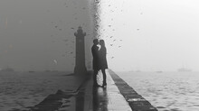 A Stark Contract Of Two People Seen In A Stormy Black And White Image. The Emotion Transitions Between Them. A Difference Is View Coming Together In Love.