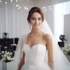 Wall Mural - Portrait of a bride on a light background