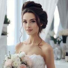 Wall Mural - Portrait of a bride on a light background