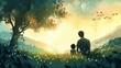 Artistic rendering of a father and child bonding in a lush field, watching birds at sunset in a serene landscape.