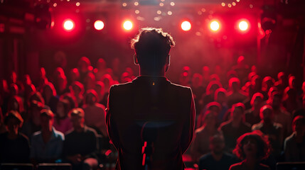 A charismatic actor delivering a powerful performance on stage in front of a captivated audience.